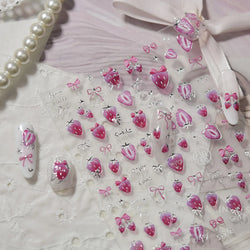 Pink Juicy Strawberry Fruit Cutting Line Ribbon Bowknot Star Happy Sweet Lovely Fruits Delicate Nail Art Stickers Manicure Decal (ONLINE ORDER ONLY)