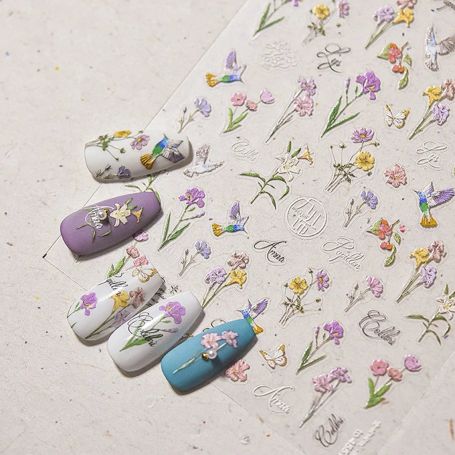 Hummingbird Iris Butterfly Peony Rose Tulip Daisy Lily Flowers Morning Glory Pearl Rhinestones Nail Art Sticker Decoration Decal (ONLINE ORDER ONLY)