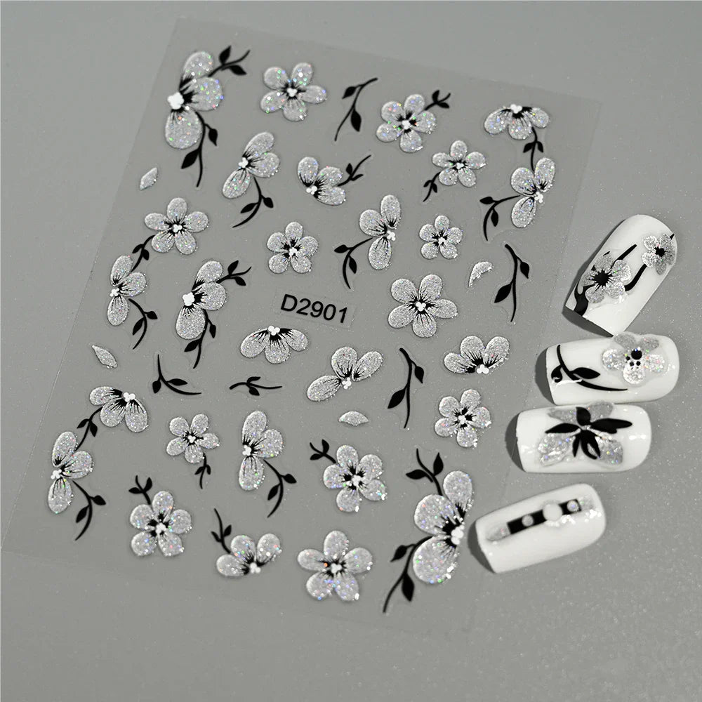 1pcs 5D Floral Nail Art Stickers Acrylic Flowers Decals with Glitter Self-Adhesive Elegant Silver Black Blossoms Theme Nail Art* (ONLINE ORDER ONLY)