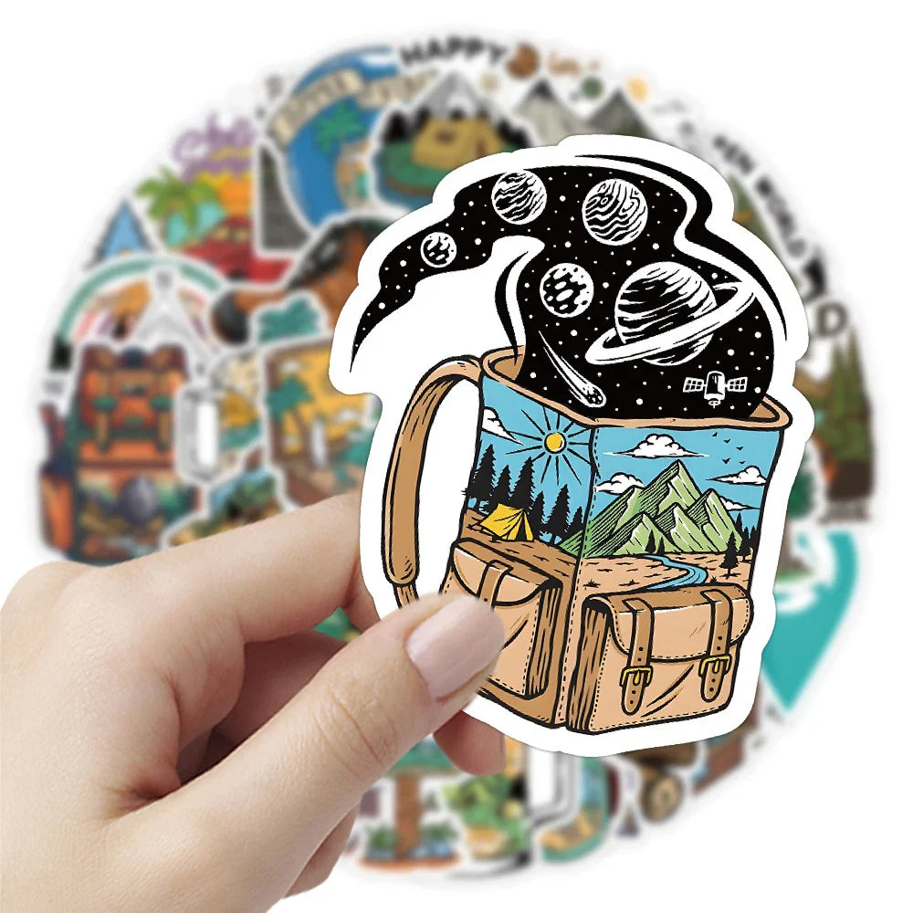 10/30/50pcs Camping Hiking Stickers Outdoor Travel Stickers Waterproof Cars Skateboard Motorcycle Bike Cartoon Sticker Kids Toy (ONLINE ORDER ONLY)
