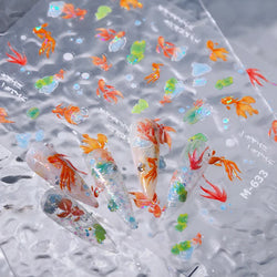 Lotus Leaf Brocaded Carp Koi Playing Goldfish Cavort Ripple Droplet Water Bubbles Self Adhesive Nail Art Stickers Manicure Decal (Online Order Only)