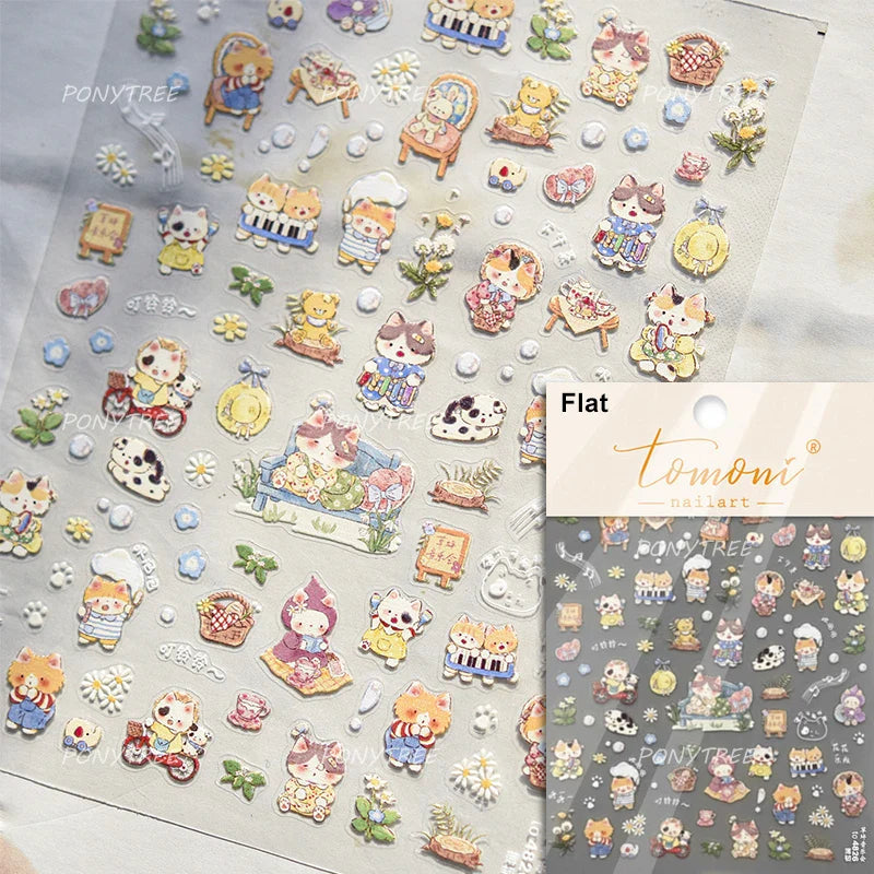 Spring Dog Bear Toy Rose Flower Floral Print Letter Bone Butterfly Cat Puppy Relief Adhesive Nail Art Stickers Manicure Decals (Online Order Only)
