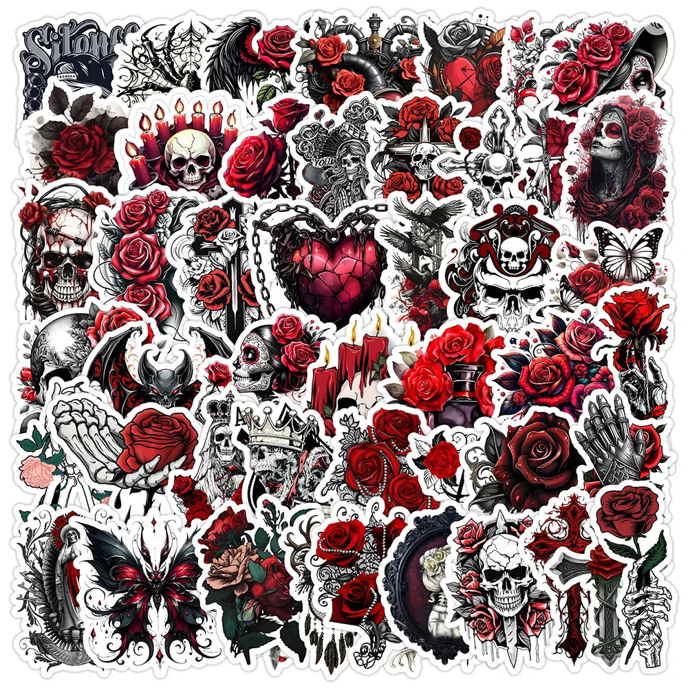 50pcs Red Rose Skull Graffiti Stickers for Helmet, Wall, DIY Decoration (ONLINE ORDER ONLY)