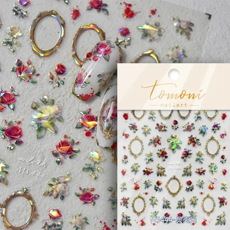 Retro Rose Gold Photo Frame Dried Flower Delicate Totem 3D Self Adhesive Nail Art Stickers 5D Shiny Rhinestone Manicure Decals (ONLINE ORDER ONLY)