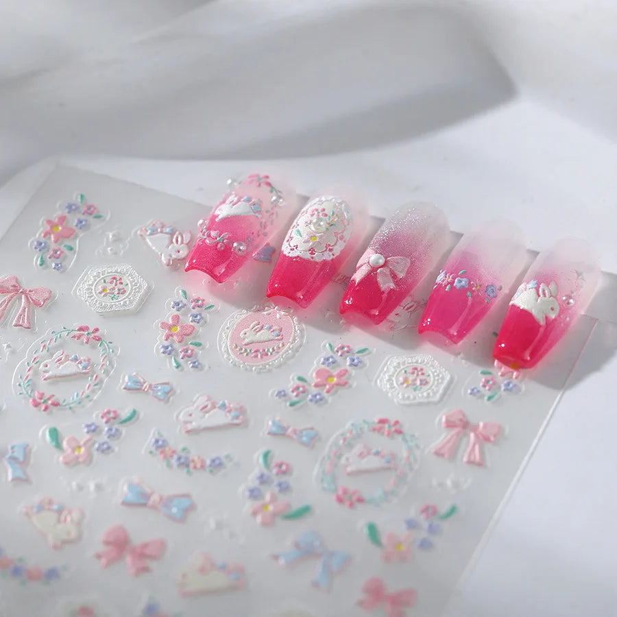 Pink Running Rabbit Bowknot Wreath Bunny Flower Tie Totem Pattern Self Adhesive Nail Art Sticker Pearl Rhinestone Manicure Decal (Online Order Only)