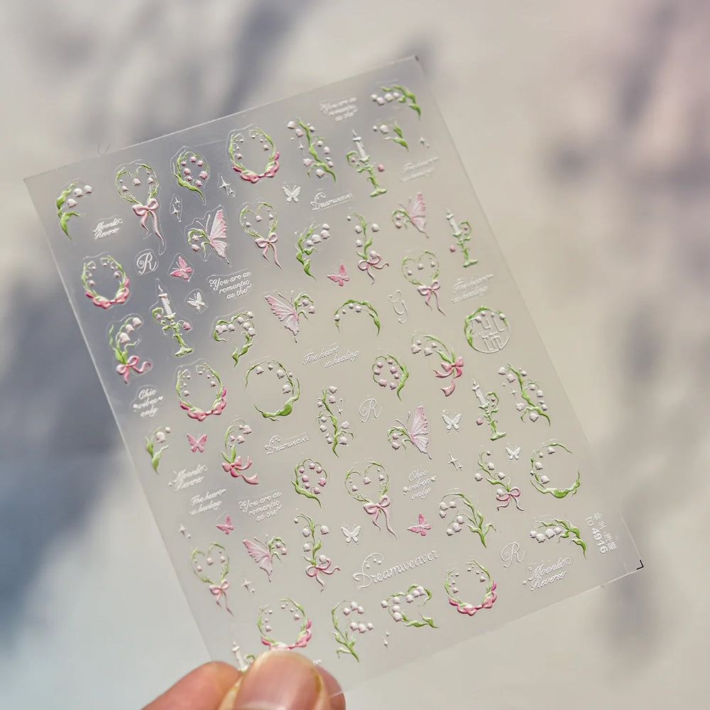 Romantic Lily of The Valley Candle Holder Wreath Bowknot Butterfly Dreamy Adhesive Nail Art Decorations Stickers Manicure Decals (Online Order Only)