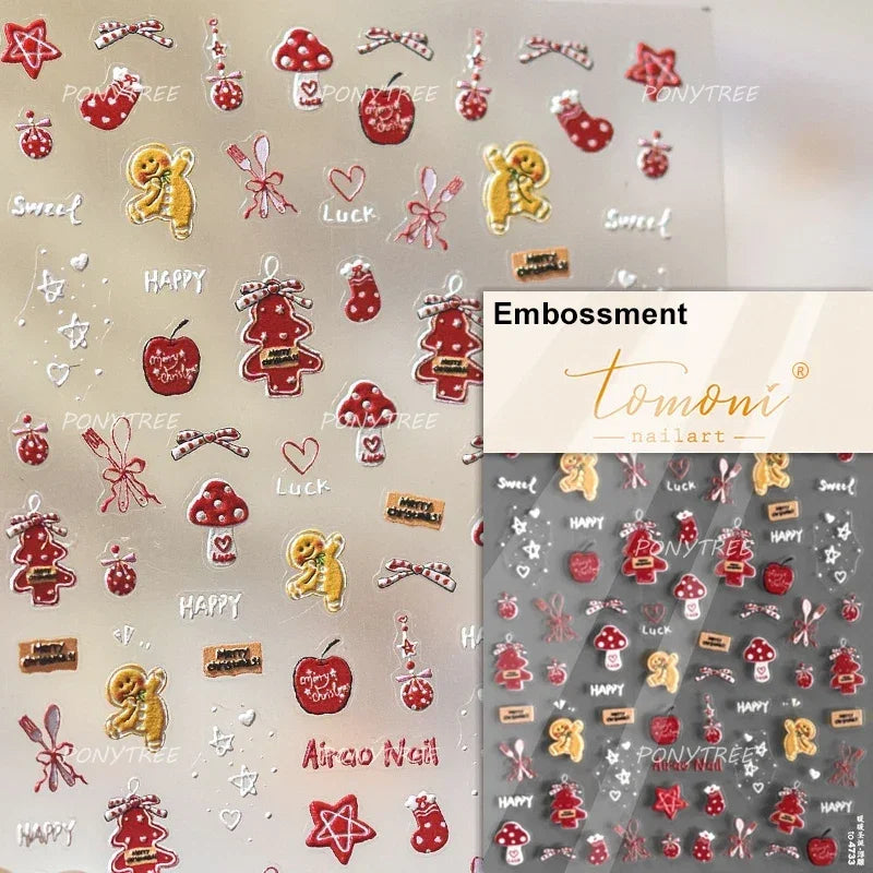 Santa's Hat Candy Santa Claus Christmas Tree Bell Elk 5D Self Adhesive Nail Art Stickers Button Snowflake Cherry Manicure Decals (ONLINE ORDER ONLY)