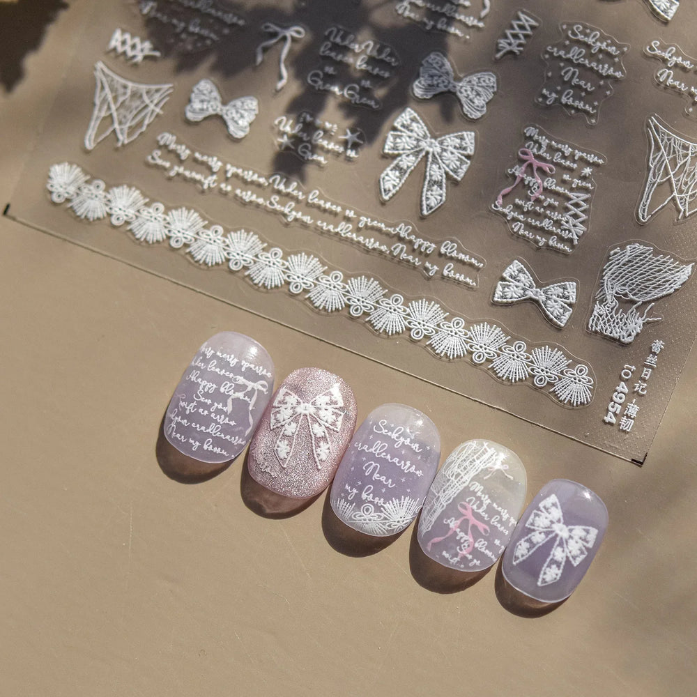 Retro White Lace Bandage Line Bowknot Irregular Fabric Cording Square Calligraphy Adhesive Nail Art Sticker 3D Manicure Decals (ONLINE ORDER ONLY)