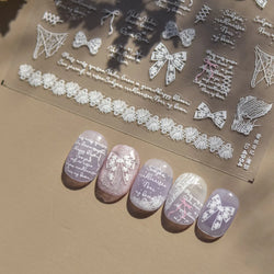 Retro White Lace Bandage Line Bowknot Irregular Fabric Cording Square Calligraphy Adhesive Nail Art Sticker 3D Manicure Decals (ONLINE ORDER ONLY)