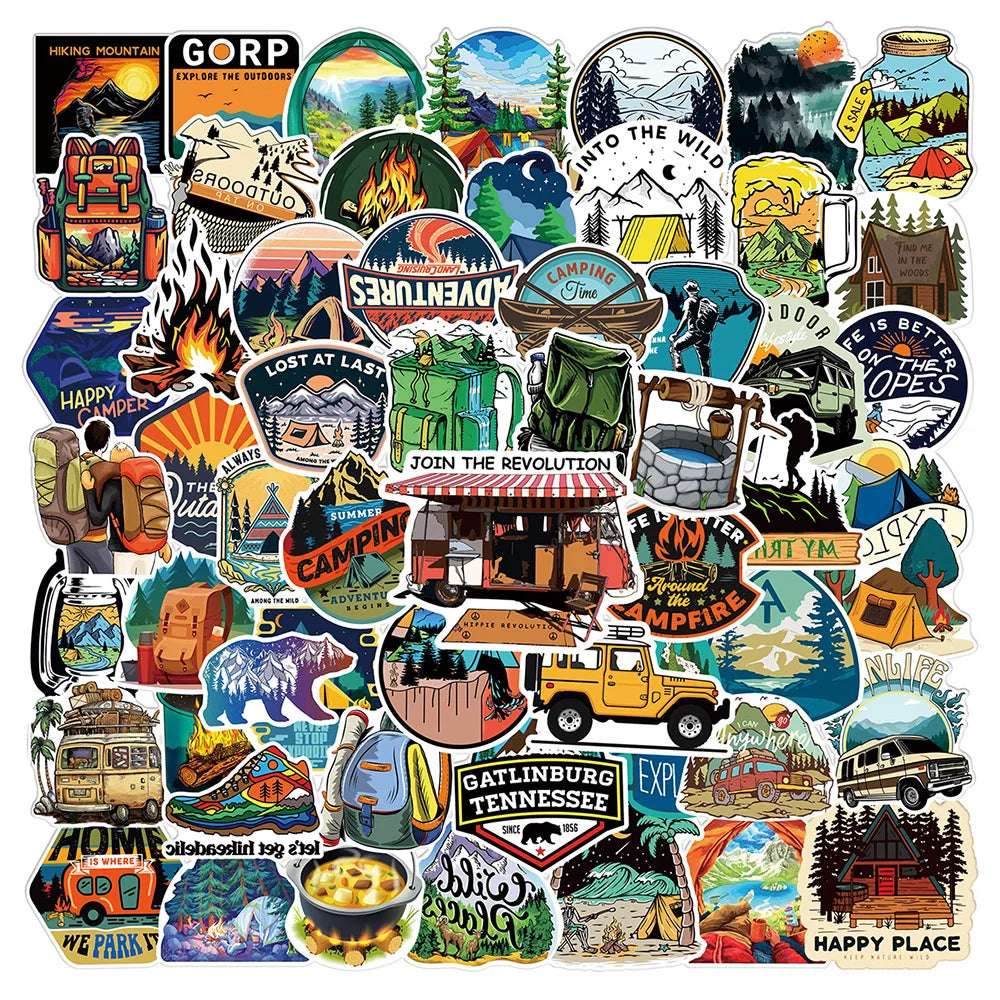10/30/50/100pcs Outdoor Hiking Camping Stickers Cartoon Decal Skateboard Phone Laptop Car Luggage Bike Cool Waterproof Sticker (Online Order Only)