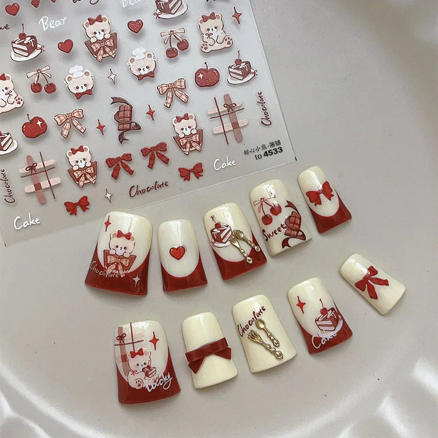 Bowknot Bear Cake Chocolates Food Star Cherry Apple Cook Love Heart Adhesive Nail Art Sticker Rhinestone Reliefs Manicure Decal (ONLINE ORDER ONLY)