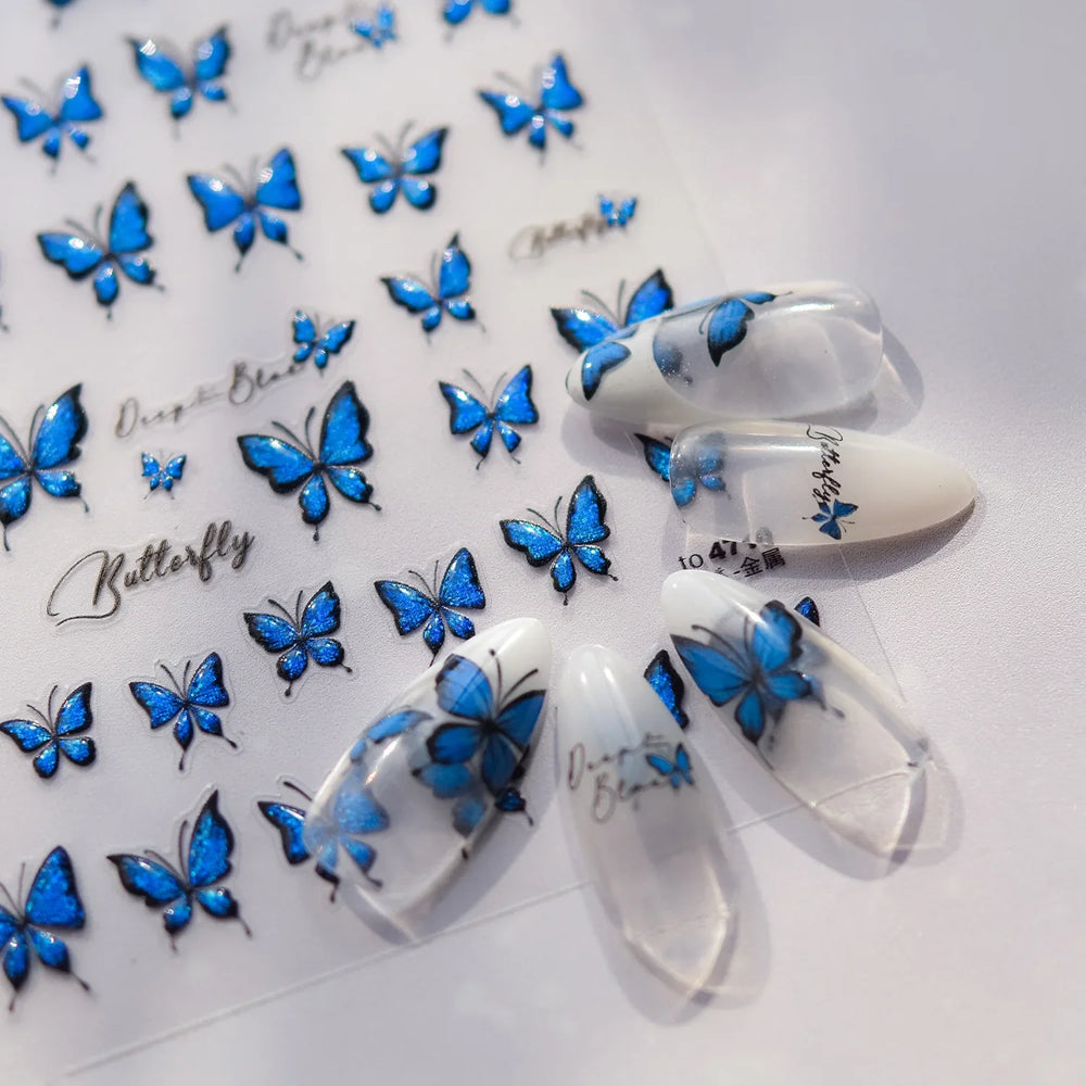 Charming Delicate Sapphire Color Blue Black Stroke Butterfly Jelly Relief Rhinestone Adhesive Nail Art Stickers Manicure Decals (Online Order Only)