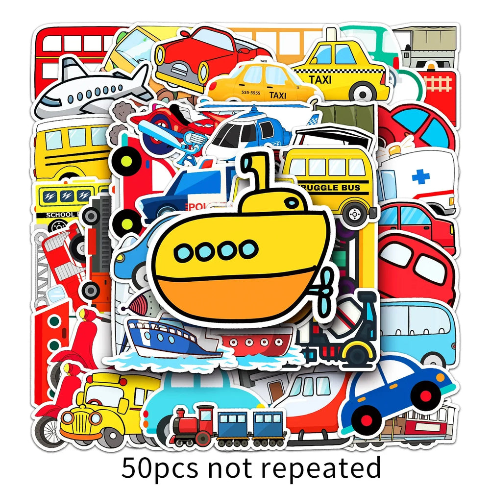 Cartoon Transport Stickers: Cars, Airplanes for Scrapbooking, Laptop, Phone, Suitcase, Helmet (Online Order Only)