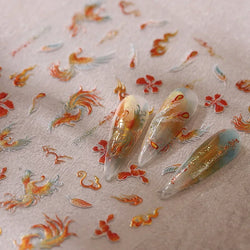 Charming Red Rose Phoenix Flower Wing Leaves Flower Feather Pearl Relief Embossed 5D Adhesive Nail Art Stickers Manicure Decals (ONLINE ORDER ONLY)