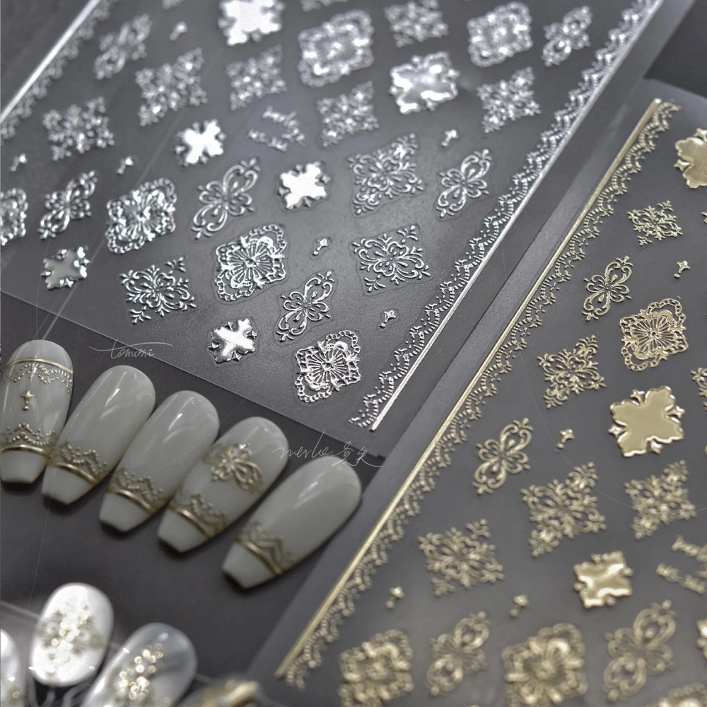 Gold Stamped Silver Totems Geometric Patterns Figure 5D Self Adhesive Nail Art Stickers Stars Bohemia Manicure Decals Wholesale (Online Order Only)