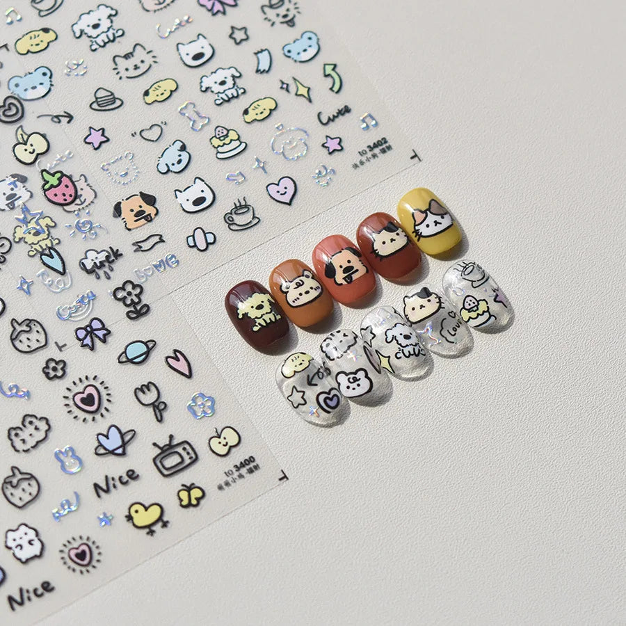 Line Cat Dog Bear Rabbit Chicken Animals Apple Cherry Cake Bowknot Butterfly Balloon Rainbow Nail Art Stickers Manicure Decals (ONLINE ORDER ONLY)