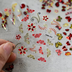 30Pcs/Set Red Golden 3D Nail Art Sticker Hot Stamping Hollow Decals Mixed Designs Adhesive Flower Nail Tips Letter Butterfly Set (Online Order Only)