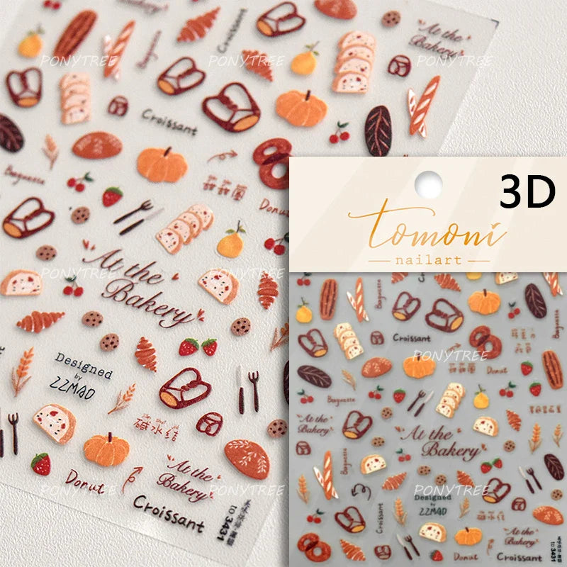 Toast Butter Brioche Bread Dim Sum Cookie Cherry Pudding Food Fork Doughnut Relief Adhesive Nail Art Stickers Manicure Decals (ONLINE ORDER ONLY)