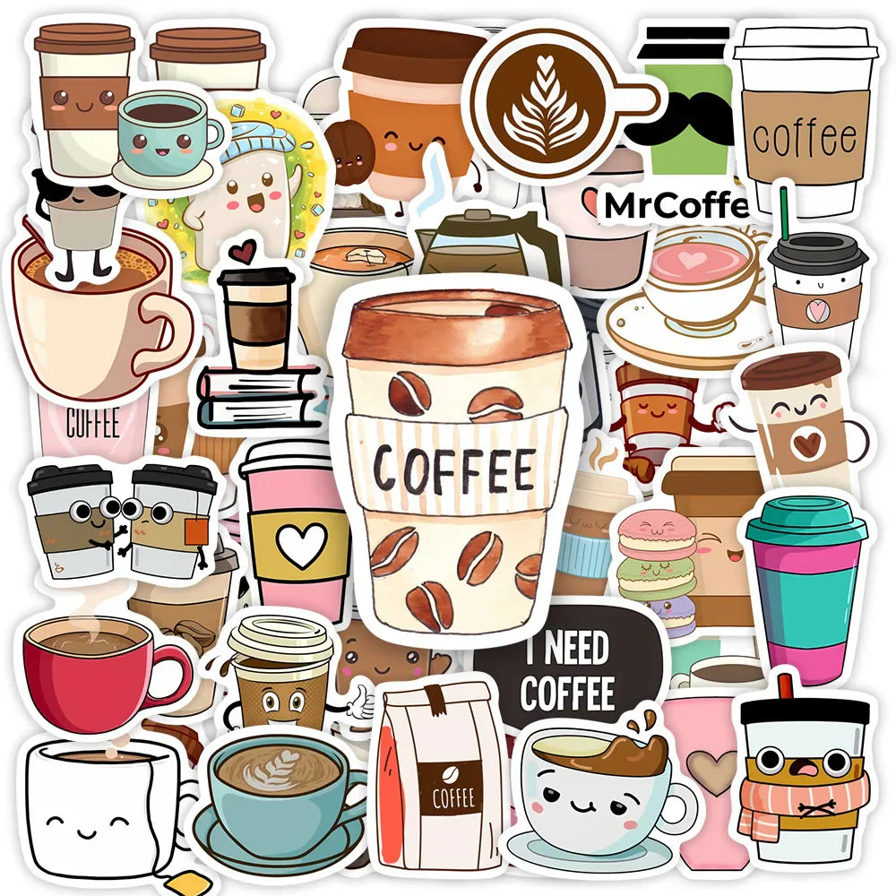 Kawaii Cute Cartoon Coffee Stickers DIY Toy Gift Decorative Graffiti Decal for Phone Luggage Laptop Bottles Scrapbook Waterproof (ONLINE ORDER ONLY)