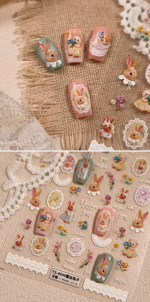 Rabbit Bunny Bear Flower Lace Bowknot Retro Frame Rose Self Adhesive Nail Art Decoration Stickers Chic Manicure Decals Wholesale (ONLINE ORDER ONLY)