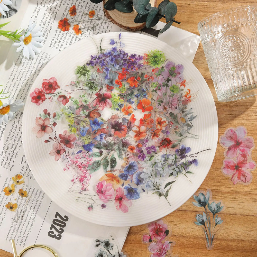 50pcs Transparent INS Ink Flower Cartoon Graffiti Stickers Phone Guitar Notebook Suitcase Water Bottles Waterproof Sticker (Online Order Only)
