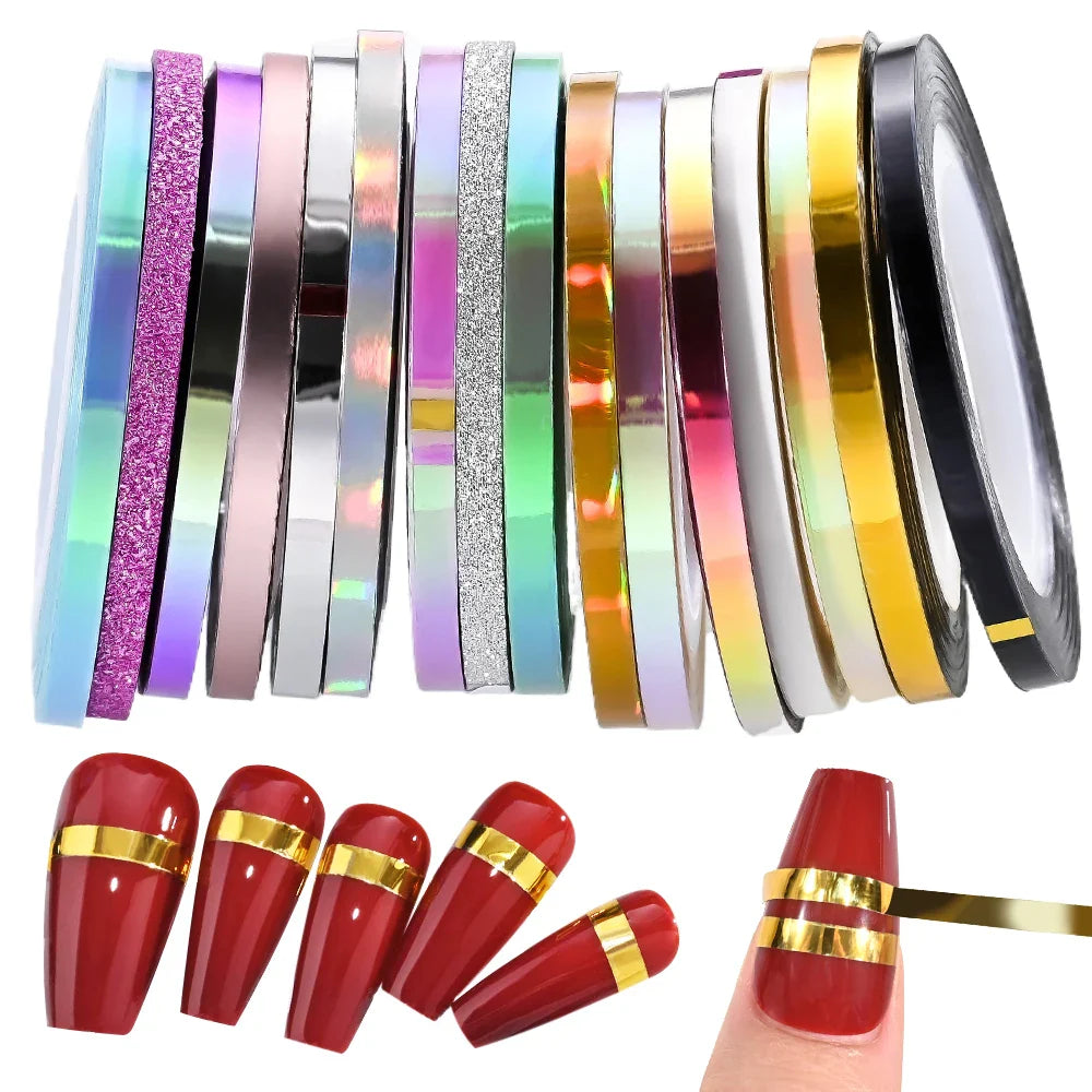 10pcs Nail Striping Tape Metallic Yarn Line Gold/Silver Striping Sticker Holographic 3D Strips Liner Tape Adhesive Manicure Foil (Online Order Only)