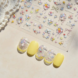 Cute Spring Flowers Purple Blue White Bowknot Rose Garden Daisy 5D Soft Embossed Relief Adhesive Nail Art Sticker Manicure Decal (ONLINE ORDER ONLY)