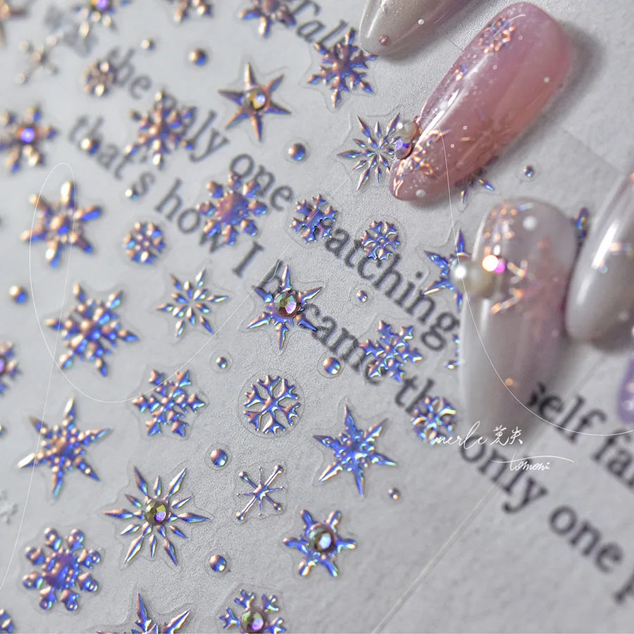Winter Christmas Crystal Delicate Hexagon Romantic Laser Silver Chic Snowflakes Self Adhesive Nail Art Sticker 5D Manicure Decal (ONLINE ORDER ONLY)