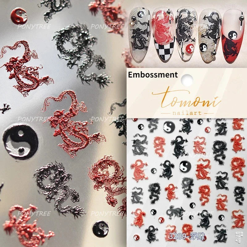 Chinese Dragon Auspicious Beast Mythological Legend Noble Loong Blue Pink Soft Relief Adhesive Nail Art Sticker Manicure Decals (ONLINE ORDER ONLY)