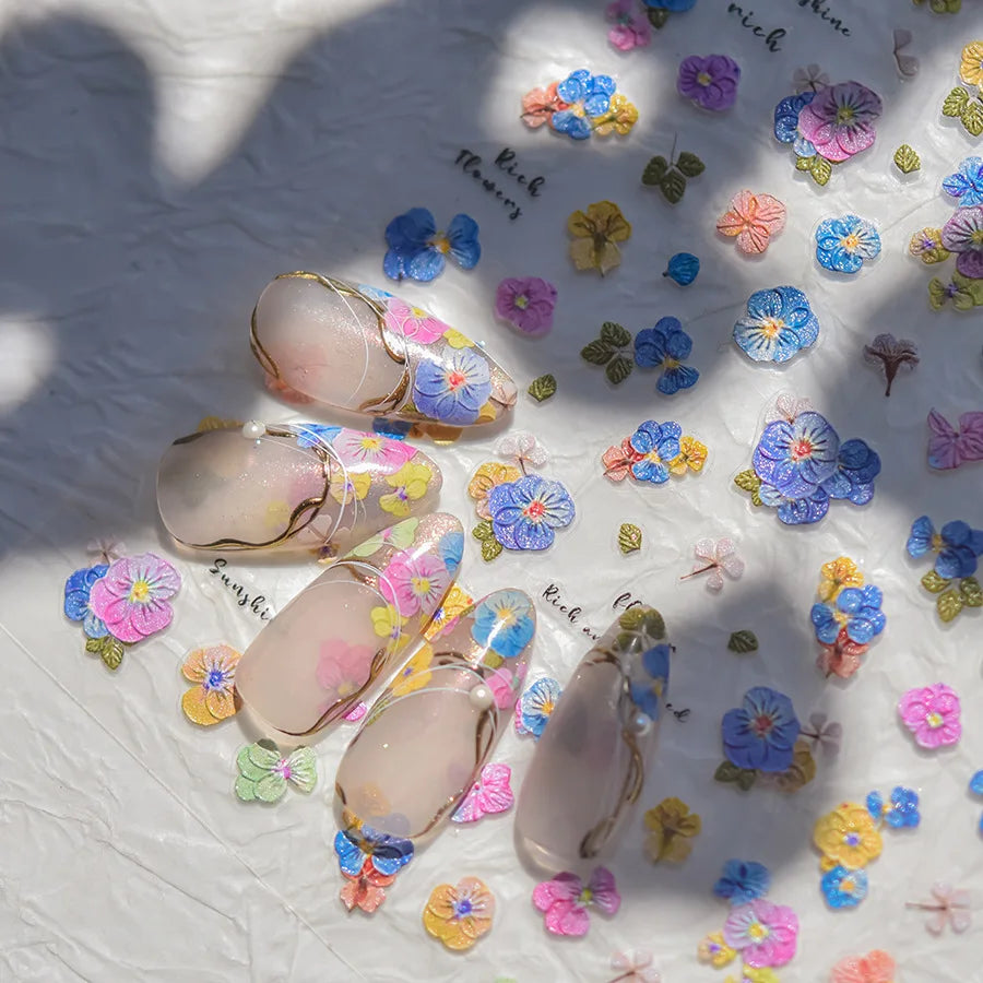 Colorful Embroidery Peony Pearl Full-blown Flower Rhinestone Chinese Luxury Relief Self Adhesive Nail Art Sticker Manicure Decal (Online Order Only)