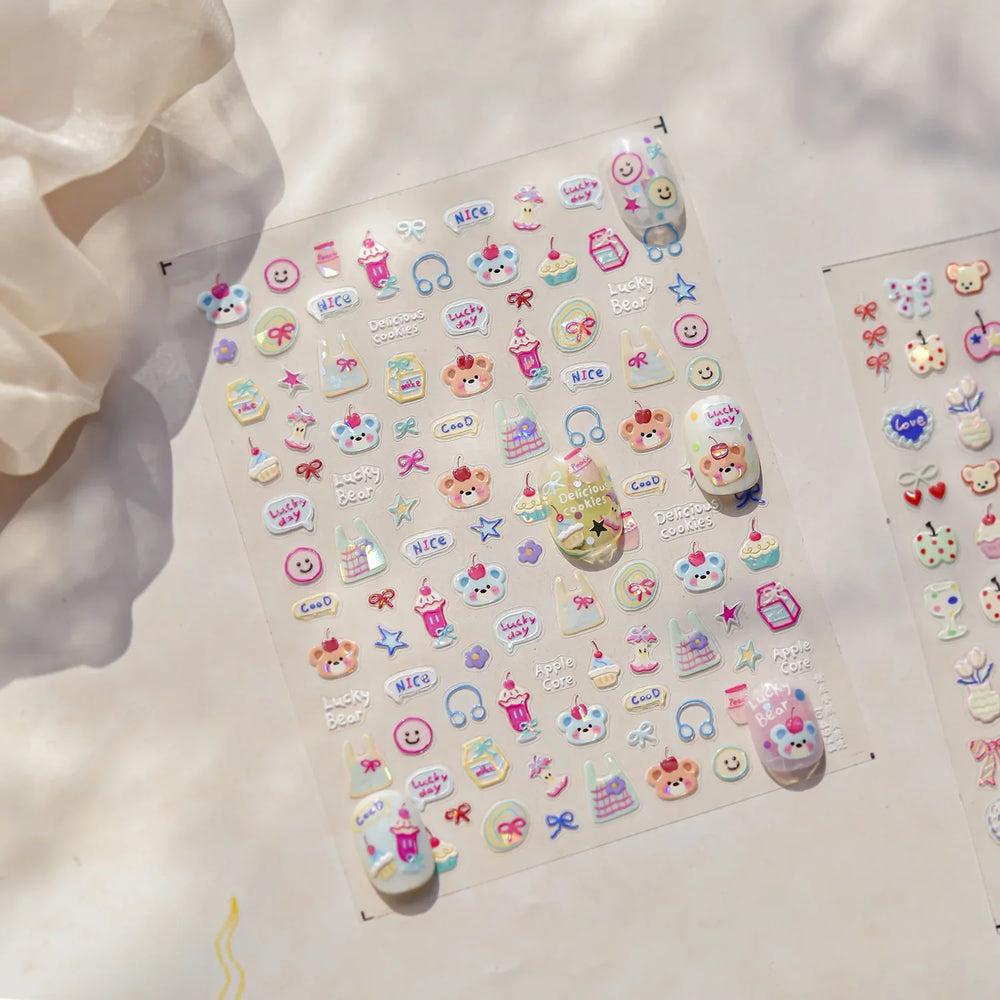 Cute Lucky Bear Apple Core Star Bowknot Flower Delicious Cookies Cherry Cake Dessert Milk Vase Adhesive Nail Art Stickers Decals (ONLINE ORDER ONLY)