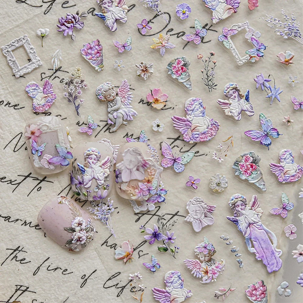 Angel Bowknot Stone Statue Vintage Photo Frame Flower Bed Bouquet Garden Rose Crown Adhesive Nail Art Stickers Manicure Decals (ONLINE ORDER ONLY)