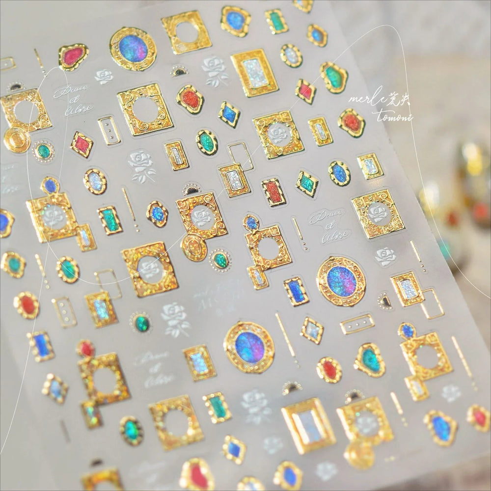 Retro Glass Geometry Glaze Rectangle Round Rose Camellia Adhesive Nail Art Stickers Frame Gemstone Charm Noble Manicure Decals (ONLINE ORDER ONLY)
