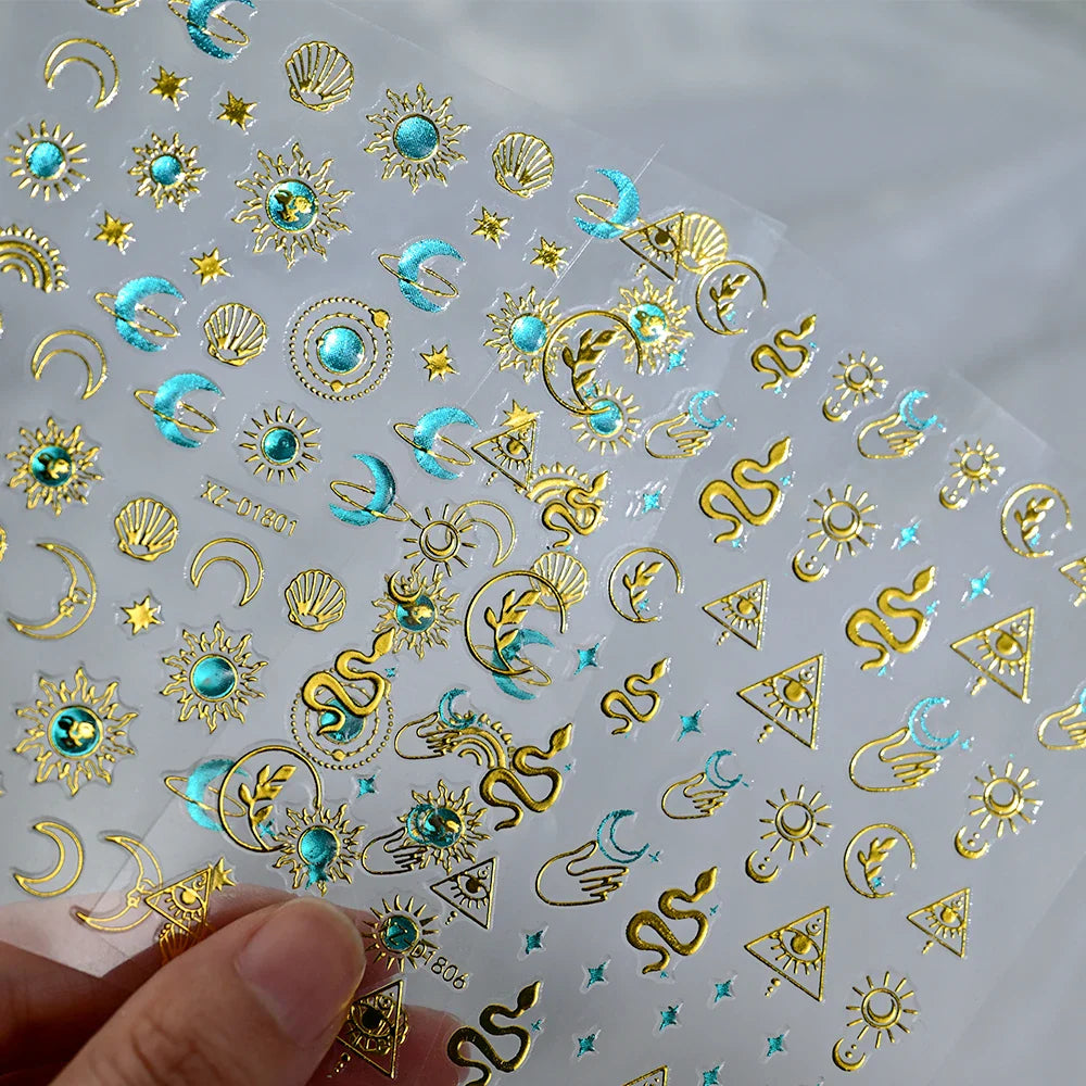 1pc Bohemian Valentine Nail Stickers 3D Self-Adhesive Fantasy Nail Art Glitter Sun, Heart, Lock, Star & Moon Designs Nail Decals (ONLINE ORDER ONLY)