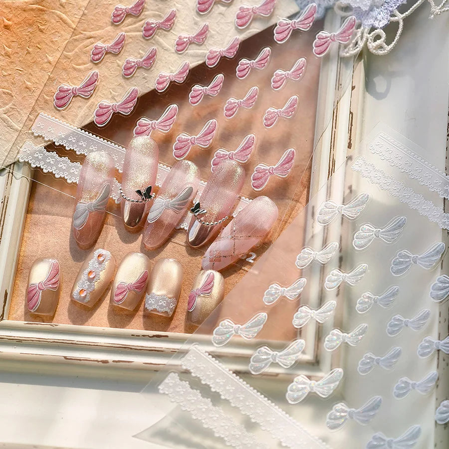 Pink White Bowknot Jelly Knot Lace Delicate Decorative Border Shiny 5D Self Adhesive Nail Art Stickers Manicure Decals Wholesale (Online Order Only)