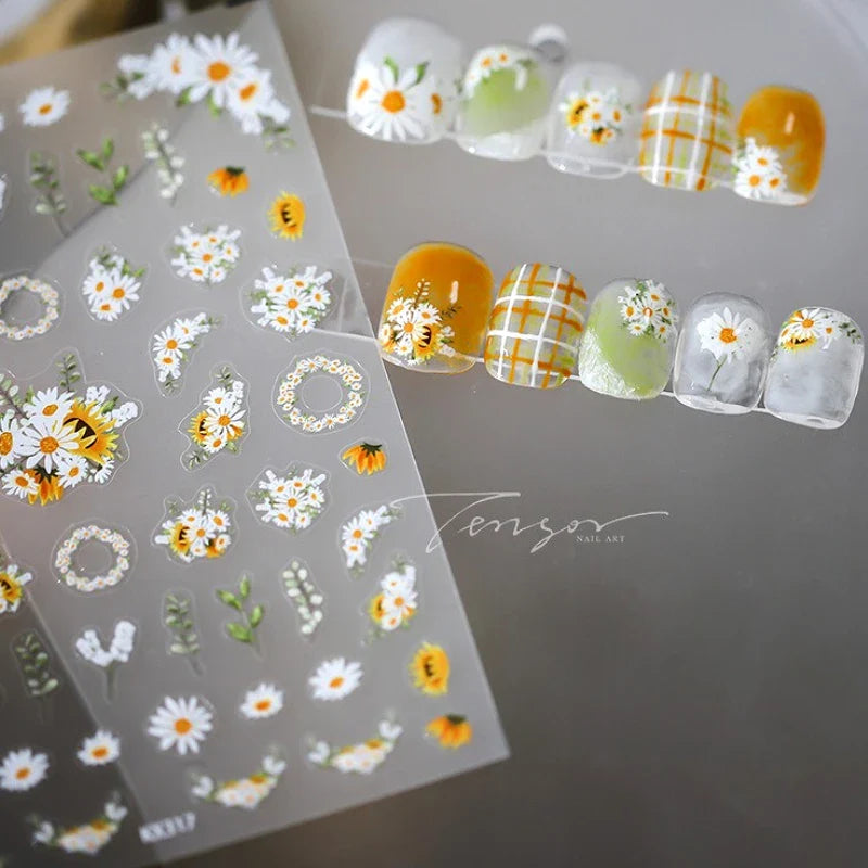 White Daisy Sunflower Green Leaves Wreath Garland Flower Cluster Bouquet Flat Adhesive Nail Art Sticker Manicure Decals Supplies (Online Order Only)