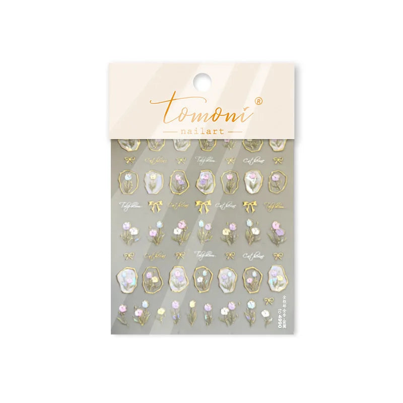 Golden Border Tulip Bloom Flower Bowknot Geometric Frame Metal Workmanship Charming Adhesive Nail Art Sticker Manicure Decals (ONLINE ORDER ONLY)