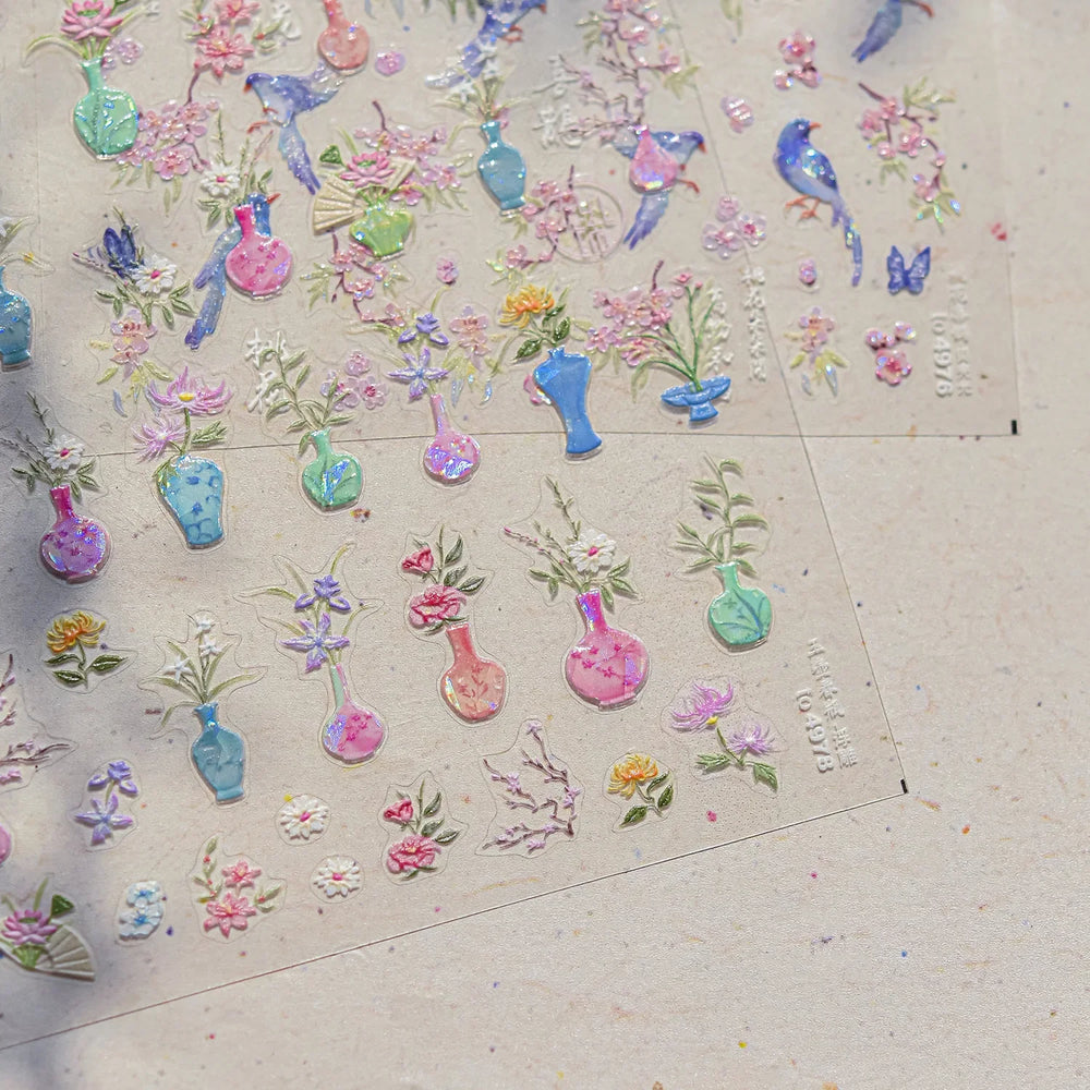 Pink Peach Blossom Blue Magpie Butterfly Bird Wing Tree Branch Animals Plants Shiny 3D Adhesive Nail Art Stickers Manicure Decal (ONLINE ORDER ONLY)