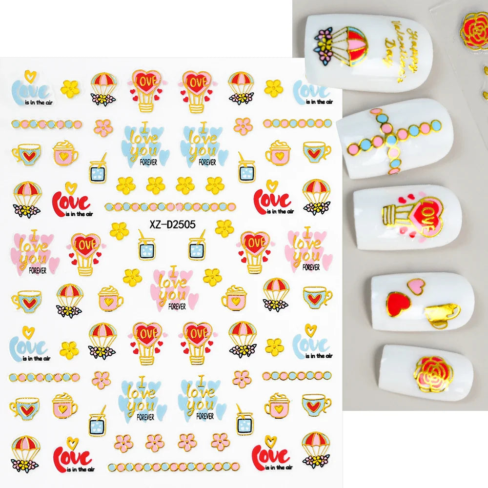 12Pcs 3D Golden Red Glitter Heart Love Nail Sticker Valentine Self Adhesive Cartoon Decal Geometry Lines Stripe Slider Manicure* (ONLINE ORDER ONLY)