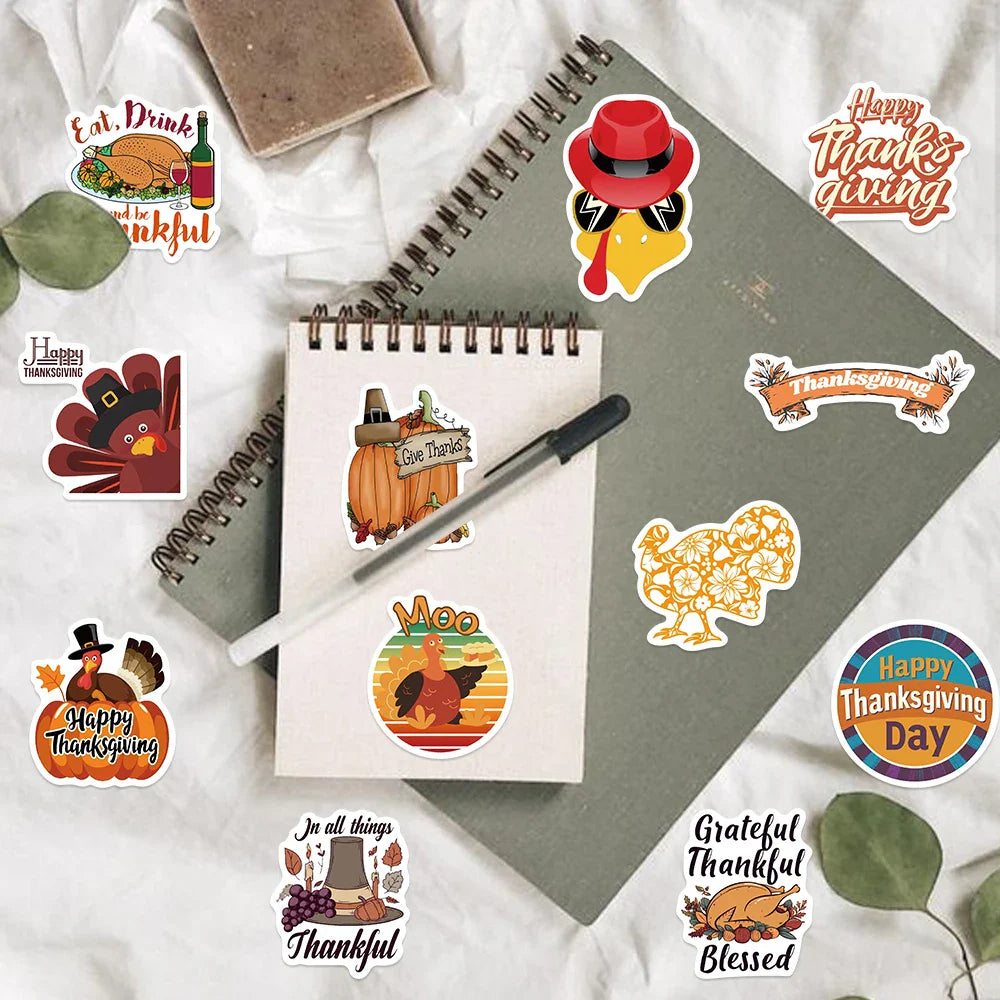 50pcs Cartoon Thanksgiving Day Sticker Funny Pumpkin Turkey Autumn Maple Leaf Graffiti Decals DIY Laptop Luggage Skateboard (Online Order Only)