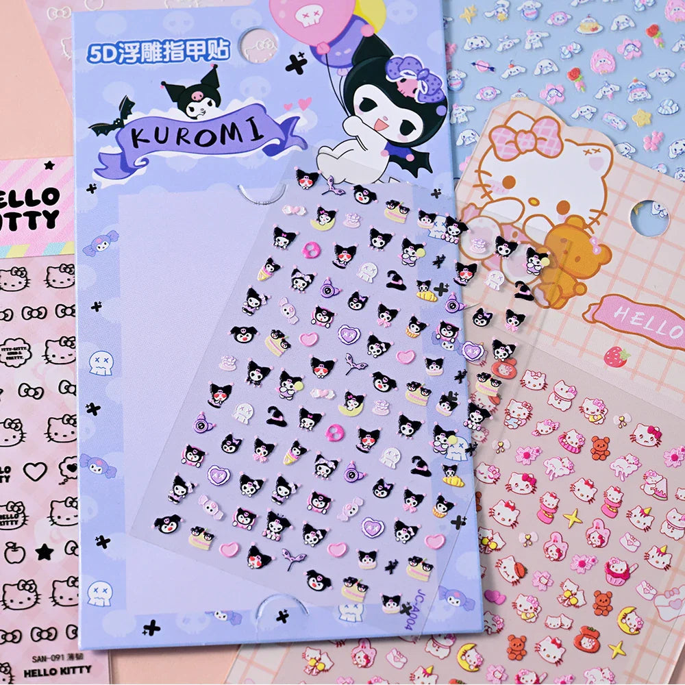 1pc 5D Cartoon Nail Art Stickers Waterproof Matte Finish with Kuromi, Cinnamoroll & Hello Kitty Designs Perfect for DIY Manicure (Online Order Only)
