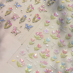 Cute  Pink Blue Nature Tulip Star Heart Butterfly Peach Blossom Jelly Embossed Relief Adhesive Nail Art Stickers Manicure Decals (ONLINE ORDER ONLY)