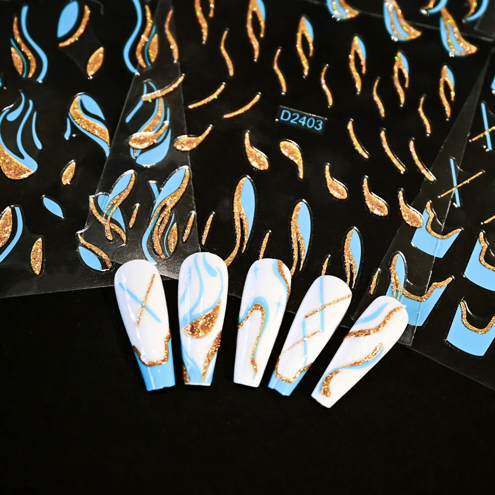 6pcs/Set Blue Gold Glitter French Design 5D Nail Stickers Curve Lines Swirls Wave Nail Sliders Reflective Flakes Decals Manicure (ONLINE ORDER ONLY)