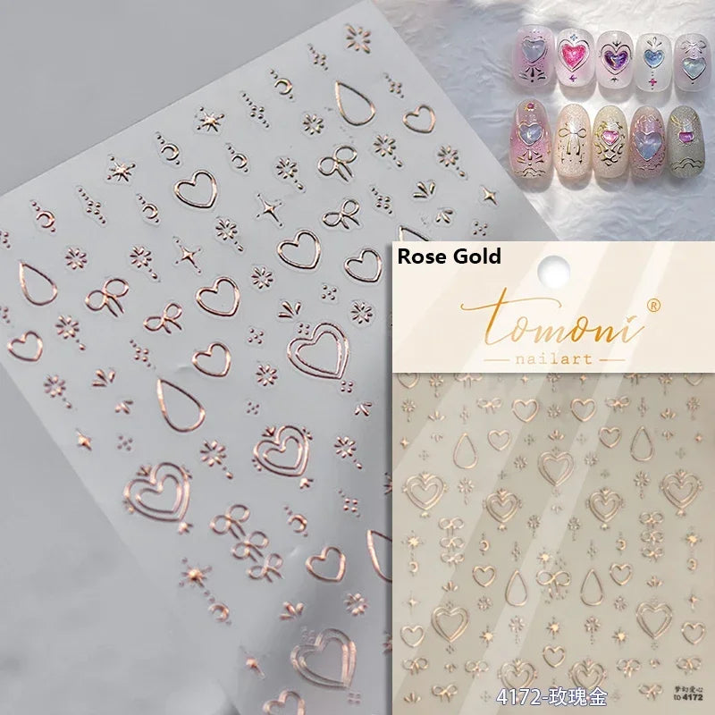 Flat Small Pink Brown Halo Dyeing Love Heart Geometric Leopard Shiny Jelly Chic Embossed Relief Nail Art Stickers Manicure Decal (Online Order Only)