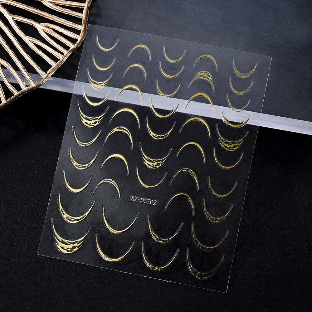 1pc 3D Gradient French Nail Stickers with Crown & Tassel Design Gold Silver Lines Self-Adhesive Nail Art Waterfall Manicure Foil (Online Order Only)