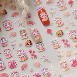 Auspicious Peach Blossom Snake Fan Flower The Spring Festival Tiger Head Adhesive Nail Art Stickers Red Lantern Manicure Decals (Online Order Only)