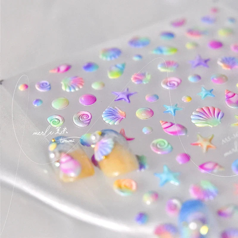 Fantasy Beach Summer Dreamy Colorful Seasnail Shell Pearl Conch Jelly Star 5D Decals Soft Relief 3D Decoration Nail Art Stickers (Online Order Only)