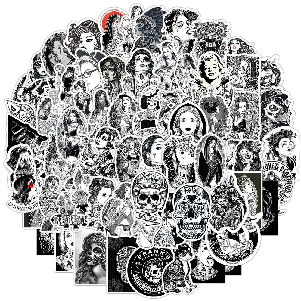 Retro Black White Tattoo Woman Stickers for Laptop, Motorcycle, Phone, Luggage, Notebook, Bike, Car - 10/30/60PCS (Online Order Only)