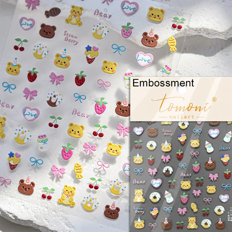 Chic Cute Cheese Ice Cream Pudding Bowknot Strawberry Muffin Stars Cake Embossed Heart Adhesive Nail Art Sticker Manicure Decals (ONLINE ORDER ONLY)