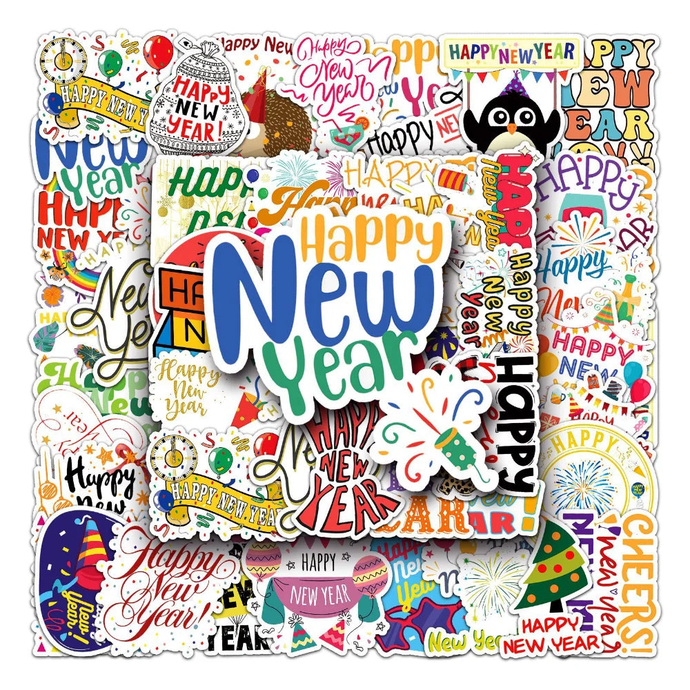 50PCS Cute Happy New Year Stickers DIY Scrapbook Diary Stationery Luggage Decorative Cartoon Sticker Kids Toys (Online Order Only)